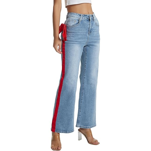 Amazon.com: Kedera Womens Side Stripe Wide Leg Jeans Bow Ribbon